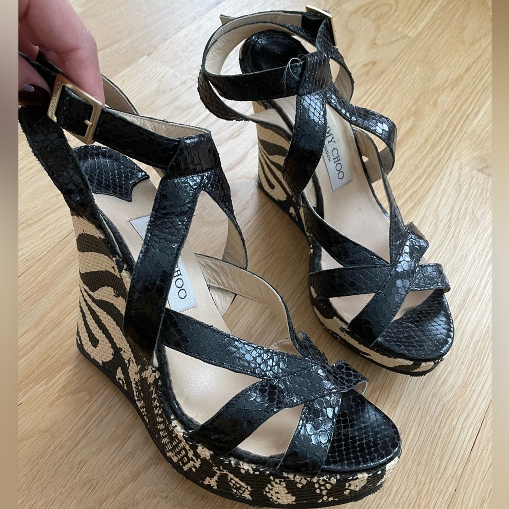 Jimmy choo 4.5” black leather snakeskin embossed straps and zebra wedge detail